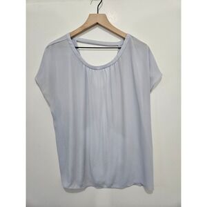 Loft Womens Light Blue Mixed Media Cutout Back Short Sleeve Blouse Size L